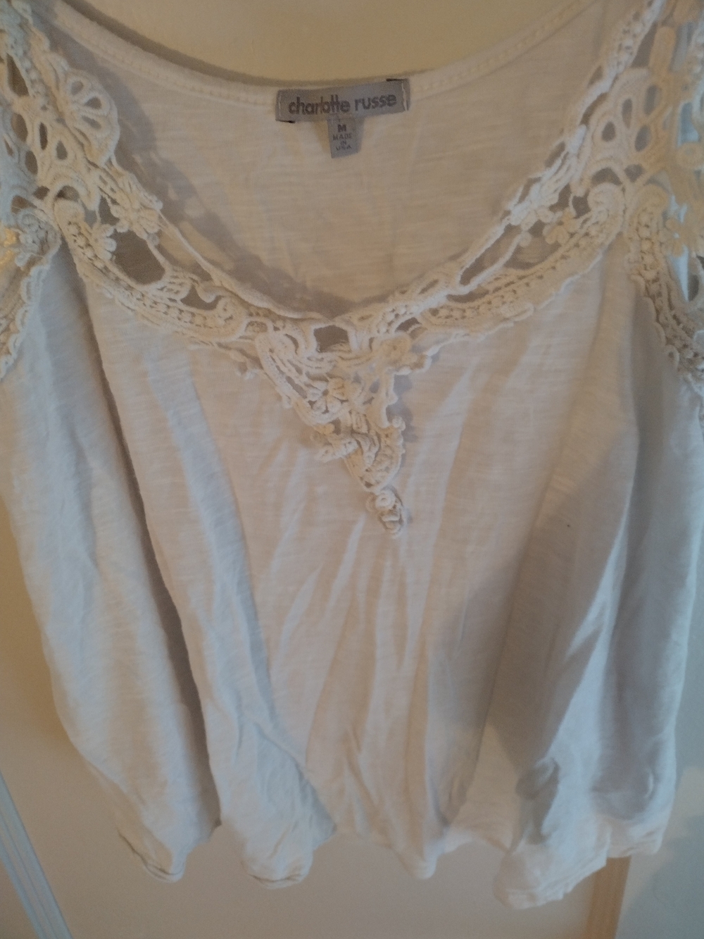 Charlotte Russe Size M White Crochet Trim Lace Yoke Tunic Top